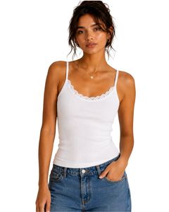 Débardeur court blanc côtelé en coton pour femme avec dentelle, bretelles spaghetti, sans manches, style décontracté d'été, pour la mode féminine - Product Image 1