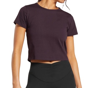 Women's Crew Neck Short Sleeve <b>Crop</b> <b>Top</b> Solid Color Breathable Spandex Cotton Yoga <b>Top</b> Regular Fit Adult Fashion Shirt - Product Image 1