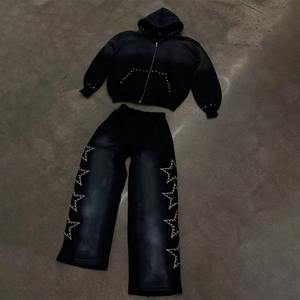 Conjunto Deportivo Personalizado de Talla Grande con Pedrería, Lavado Ácido y Sublimación, Sudadera con Capucha y Pantalones Deportivos, Conjunto de Dos Piezas, Chándal para Hombre - Product Image 1