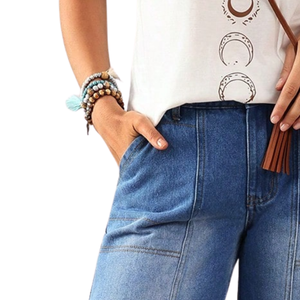 Jean en denim décontracté bleu délavé aux enzymes pour femme, taille haute, coupe ample, jambe large, avec coutures apparentes, poches utilitaires, respirant, séchage rapide, taille XL - Product Image 5