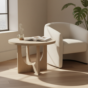 Table basse ronde moderne en bois d'hévéa durable et placage de chêne MDF KD avec design décoratif, garantie 1 an - Product Image 4