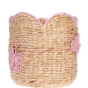 Handwoven Water Hyacinth <b>Basket</b> With Pink Butterfly Design Scallop Edge Nursery <b>Storage</b> <b>Basket</b> For Kid Room Or <b>Toy</b> Organizer - Product Image 3