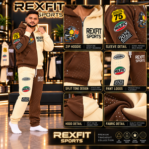 Ensemble de survêtement pour homme Rexfit sports2026Custom, couleur crème et marron, avec sweat à capuche zippé |   Pantalons de jogging assortis |   Produits sportifs de gros de qualité supérieure - Product Image 1