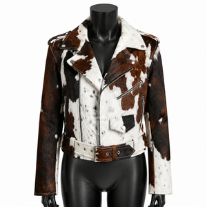 Chaqueta de Motociclista de Cuero Vacuno Marrón y Blanco para Hombre, Diseño Personalizado, Cuello Camisero, Cierre de Cremallera, Estilo Moto de Invierno con Cinturón - Product Image 1
