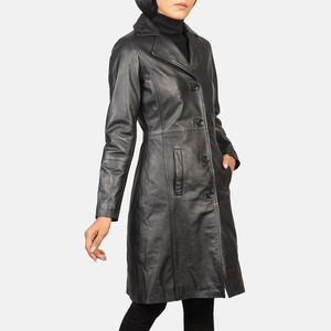 <b>Smart</b> Range Solid Breathable <b>Black</b> Long <b>Coat</b> <b>Womens</b> PU Leather Trench <b>Coat</b> Belt Closure - Product Image 4