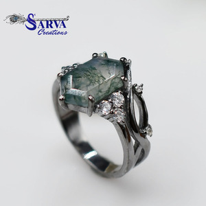 Natural <b>Moss</b> <b>Agate</b> Long Hexagon Engagement <b>Ring</b> with Cubic Zirconia 925 Sterling Silver Statement <b>Ring</b> for Women Jewelry - Product Image 4