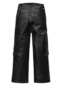<b>Men's</b> Genuine <b>Leather</b> Eco-Friendly PU Coated Moto Biker Style High Waist Straight Cargo Baggy Pocket Summer <b>Trousers</b> - Product Image 2