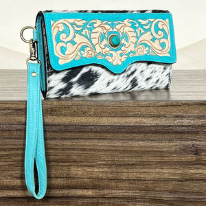 Western Luxury Style Tooled Cowhide Leather <b>Wristlet</b> Wallet with Turquoise Concho Vintage Floral Embossed Clutch Purse for Women - Product Image 4