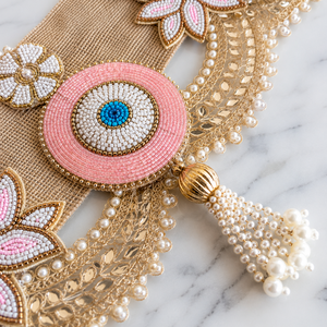 Handmade Jute Evil Eye Beaded Door Toran Pink Lotus Pearl Tassel Wall Hanging <b>Wedding</b> Home Decor Decorative Trim - Product Image 4