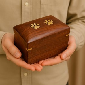 Urne funéraire artisanale en bois pour animaux de compagnie, gravée avec portrait de chien, nom personnalisé, dates, empreintes de pattes, forme rectangulaire, décoration sur le thème des animaux - Product Image 4