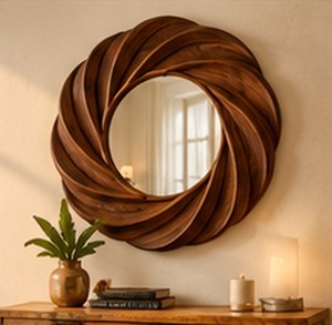 Modern Round Glass Framed Eco-Friendly Handmade Decorative <b>Wall</b> <b>Mirror</b> <b>Vintage</b> Finish Wooden Entryway Bedroom Living Room Decor - Product Image 1