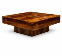 Table basse carrée moderne en bois massif avec base en bloc épais |   Rangement fait main |   Durable, facile à nettoyer, respectueux de l'environnement |