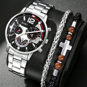 Reloj de Cuarzo de Acero Inoxidable Plateado para Hombre con Calendario y Juego de Pulseras de Cuentas 192119 - Product Image 1
