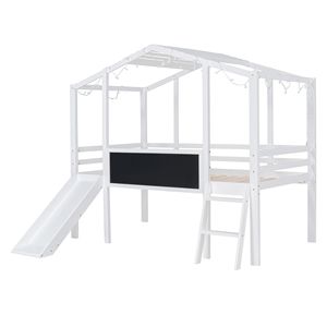 Letto a soppalco singolo con scaletta e scivolo, letto a casetta per bambini con lavagna e striscia luminosa sul tetto, colore bianco - Product Image 6