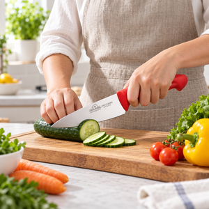 Cuchillo de chef alemán JM2462-6 de acero, cuchillo de cocina con mango rojo extra afilado, cuchillo de chef de acero alemán extra afilado con mango rojo para cocina - Product Image 1