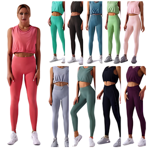 Gym Wear <b>Women</b> Activewear Workout Clothes Plus Modest High Solid 2 Set XL Seamless Leggings Shorts Sports Bra Tank <b>Top</b> Front - Product Image 3