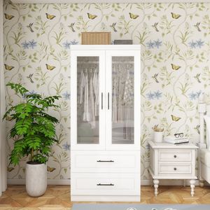 Armoire en bois à 2 portes de 71 pouces de haut avec tringle à suspendre Armoire de chambre à coucher à 2 tiroirs Armoire de rangement avec portes en verre - Product Image 1