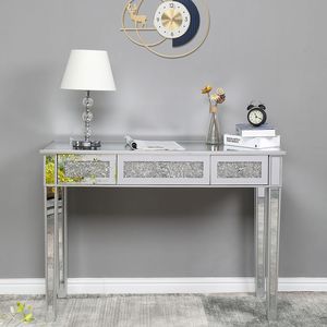 Table console en MDF argenté avec surface miroir et verre brisé, bureau d'ordinateur à trois niveaux - Product Image 2