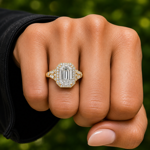 Bague de fiançailles en or jaune 14K 18K avec halo pavé de diamants de laboratoire taille émeraude, certifiée IGI DEF VVS, bijoux fins en gros - Product Image 2