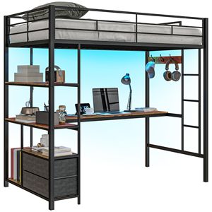 Letto a soppalco con luci LED, scrivania, scaffali portaoggetti e stazione di ricarica - Mobili in metallo per appartamento - Product Image 1