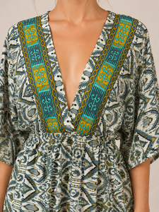 Wholesale Geometric Print Western <b>Dress</b> Deep V Neck Kimono Half Sleeve <b>Elastic</b> Waist Cutout Back Casual Summer Comfortable Wear - Product Image 5