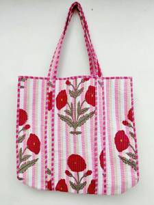 Sac fourre-tout en coton rayé tendance avec deux poignées, patchwork floral, léger, pour les voyages quotidiens - Product Image 1