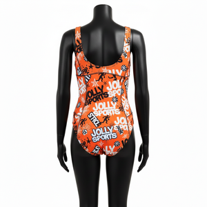 Tissu extensible en polyester et élasthanne de qualité supérieure, imprimé intégral orange vif, avec logo personnalisé par sublimation, pour maillot de bain femme. - Product Image 5