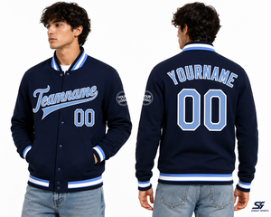 Veste de baseball universitaire bleu marine pour homme SINEWY SPORTS, style preppy, boutonnée, avec nom et numéro d'équipe personnalisés - Product Image 4