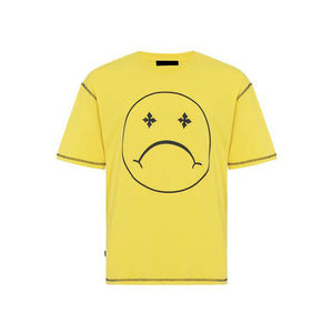Camiseta Amarilla de Manga Corta para Hombre con Estampado de Cara Triste de Dibujos Animados, Corte Regular, Cuello Redondo, Informal, Tejido de Punto, 100% Algodón - Product Image 1