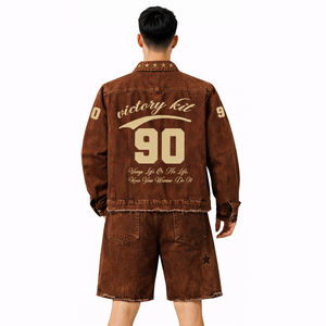 Conjunto de Mezclilla Vintage Lavada para Hombre, Modelo 2026, Chaqueta y Pantalones Cortos Marrones, Estilo Urbano Informal, Moda de Verano, Estilo Europeo y Estadounidense X90 - Product Image 3