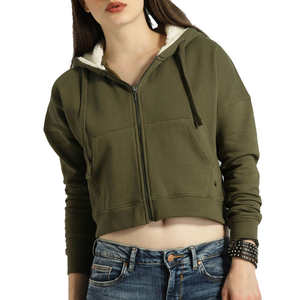 Sudadera con capucha corta verde oliva para mujer, informal, de manga larga, con cordón ajustable. - Product Image 1