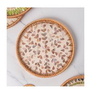 Plateau de rangement personnalisé en rotin et nacre, le meilleur choix, plateau rond en rotin incrusté de nacre - Product Image 1