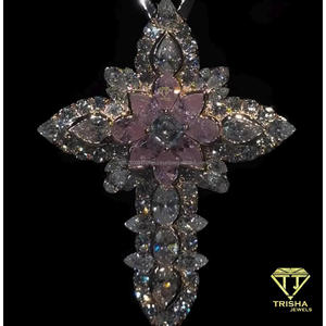 Pendentif Croix de Luxe en Moissanite et Diamant, Argent Sterling 925, Centre Fleur Rose, Bijou Tendance Sertie de Pierres - Product Image 6