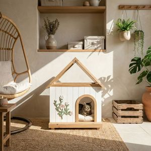 Cuccia per Animali Domestici in Cedro Certificato FSC con Tetto Trasparente e Intaglio Floreale, Rifugio Interno per Gatti e Cani di Piccola Taglia 24*22*32 - Product Image 2