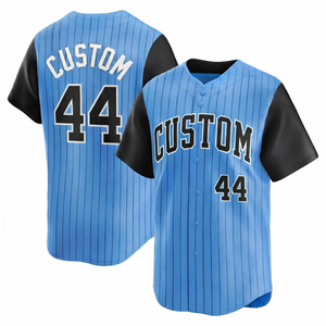 Camiseta de béisbol personalizada al por mayor, azul cielo y negra, ligera, con botones, manga corta, cuello en V, con rayas finas, transpirable, para deportes. - Product Image 1