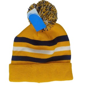 Gorro de Punto a Rayas con Pompón, Amarillo, Azul Marino y Blanco, Unisex, para Adultos, Gorro de Invierno de 56-58 cm, Diseño con Puño, para Uso Casual - Product Image 4