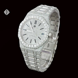 Montre élégante pour homme en acier inoxydable avec quartz moissanite et diamants, cadran de 20 mm, chiffres arabes glacés, verre, montre de mode et d'affaires - Product Image 3