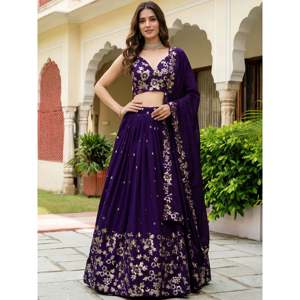 Purple <b>Sequins</b> Georgette Wedding Lehenga Choli - Product Image 2