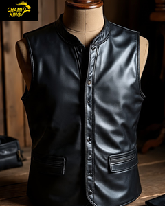 Gilet de club en cuir à col mandarin pour homme personnalisable - Product Image 1