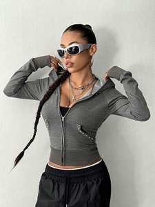 Slim Fit Embroidered Summer Hooded Women's 100% Cotton Short Sweatshirt <b>Top</b> Cardigan Jacket with Zippers - Product Image 5