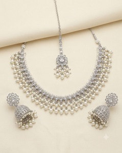 <b>Pearl</b> Beaded Cluster Necklace <b>Set</b> With Matching Jhumki Earrings And Mang Tika Reception & Party Wear <b>Jewellery</b> <b>Set</b> Manufacturers - Product Image 3