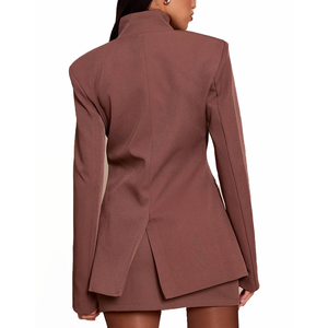 Ensemble de costume blazer à col mandarin pour femme, manches longues, simple boutonnage, marron, tenue de bureau, vente en gros, fabricant OEM, tenue de sororité - Product Image 2