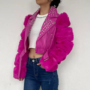 เสื้อแจ็คเก็ตหนังเทียมตกแต่งคริสตัล แขนเสื้อขนาดใหญ่พิเศษแบบหนานุ่ม - Product Image 6