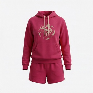 Conjunto de 2 Piezas para Mujer, Sudadera con Capucha y Pantalones Cortos de Felpa, Color Sólido, Casual, Primavera-Verano, Transpirable, Corte Regular, Por Encima de la Rodilla, con Bolsillo - Product Image 1