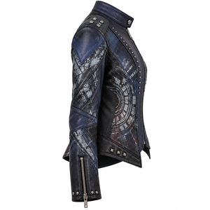 <b>Navy</b> Blue <b>Women</b> Genuine Leather Biker Jacket Custom Fighter Girl Graphic Print Studded Placket Spiked Outerwear Factory - Product Image 3