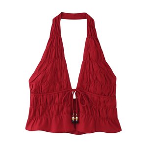 <b>Red</b> Breathable Woven <b>Lace</b> up Back Hollow Out Casual Summer Halter Tank <b>Tops</b> for Women - Product Image 3