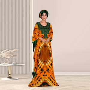 Kaftan Farasha en rayonne avec motif abstrait saisissant, col orné, manches chauve-souris décontractées et longueur élégante jusqu'au sol - Product Image 3