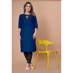 DISEÑADOR MEZCLA DE ALGODÓN BORDADO SECUENCIA TRABAJO LISTO PARA LLEVAR KURTI AZUL - Product Image 1