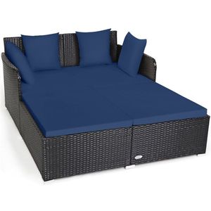 Lettino da esterno in vimini blu navy con cuscini imbottiti impermeabili - Product Image 1