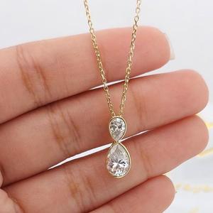 Double Pear Shaped Diamond <b>Pendant</b> Necklace <b>Solid</b> Yellow <b>Gold</b> Bezel Setting Figure Eight Infinity Drop Layering Chain Necklaces - Product Image 3